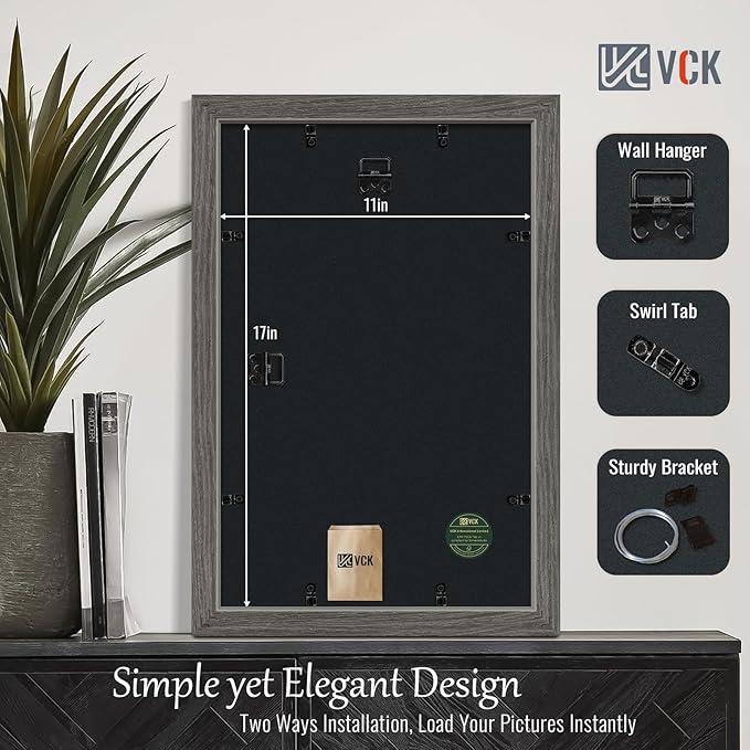 VCK 11x17 Picture Frame Set of 4 - Grey, Gallery-Quality Wood Poster Frames, 1.1-Inch Wide Border, Polished Plexiglass, Vertical or Horizontal Wall Display for Photo/Art/Prints, Grey