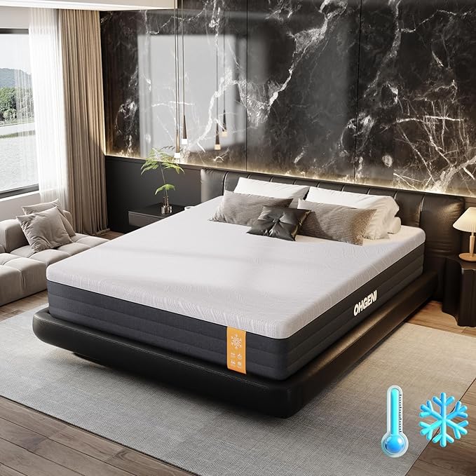 OhGeni 12 Inch Queen Size Mattress, Cooling Gel Memory Foam Bed Mattresses in a Box, Cool Touch Surface, Medium Feel, Ergonomic Support, Pressure Relief, CertiPUR-US Certified Foam, Designed in USA