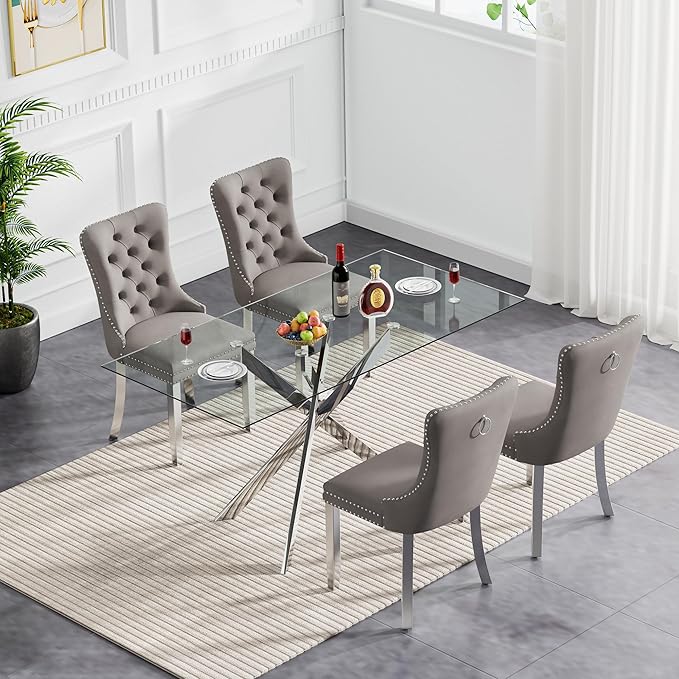 Goujxcy 5 Piece Glass Dining Table Set Modern Glass Dining Table Set for 4, 51" Rectangular Kitchen Table and 4 Velvet Upholstered Chairs for Kitchen Dining Room, Silver Table & Grey Chair