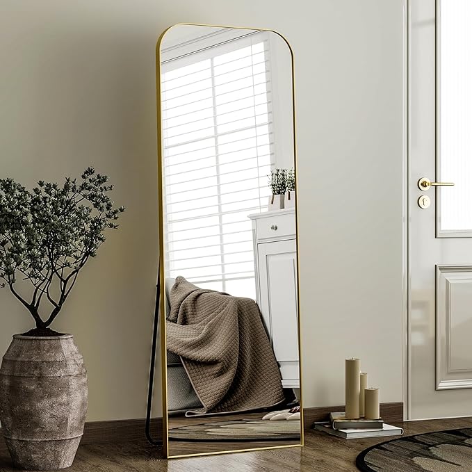 HARRITPURE 57"x20" Full Length Mirror Full Body Mirror Top Rounded Corner Aluminum Frame Hanging or Leaning Wall Floor Mirror with Stand for Living Room Bedroom Cloakroom,Gold