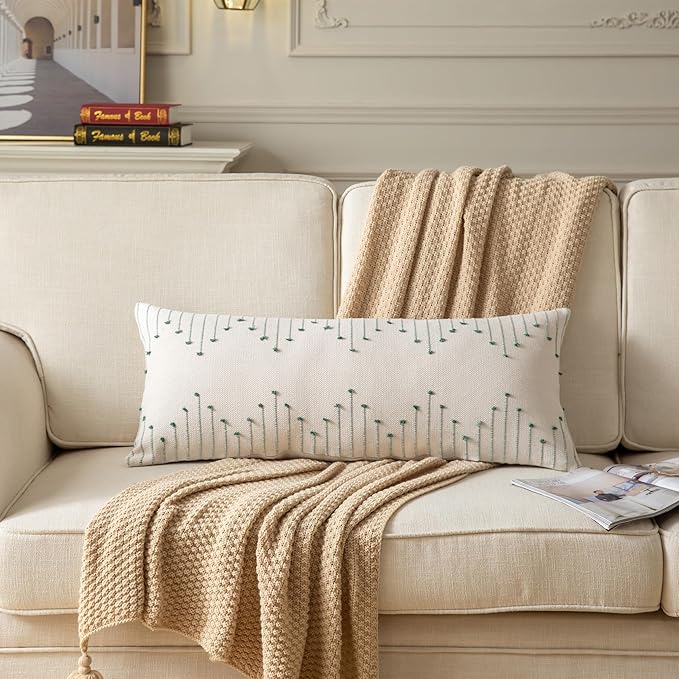 Boho Lumbar Pillow Cover 14x36 Long Pack of 1 Decorative Pillows Bed, Beige with Green Body Throw Pillow Covers, for Modern Farmhouse Sofa Bedroom Living Room Home Decor Couch Pillowcase