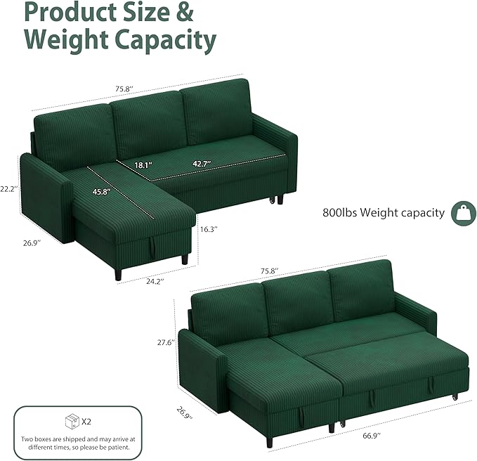 Sofa Bed Sleeper Pull Out 2 in 1 Sectional Sleeper Sofa Couches with Storage, Pullout Sectional Couches for Apartment Living Room,Green