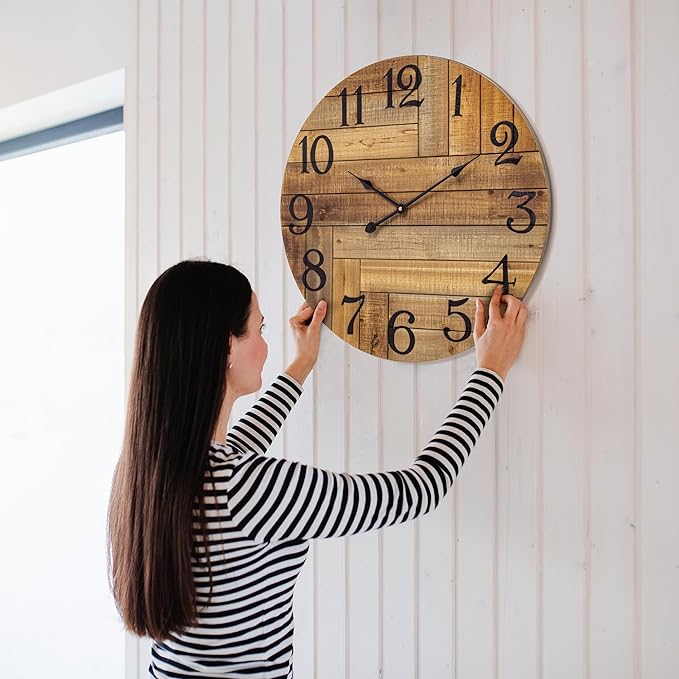 BEW Large Wall Clocks, 24 inch Wood Wall Clock Battery Operated, Rustic Farmhouse Shabby Chic Decorative Wall Clock Silent for Bedroom, Kitchen, Office, Living Room Decor