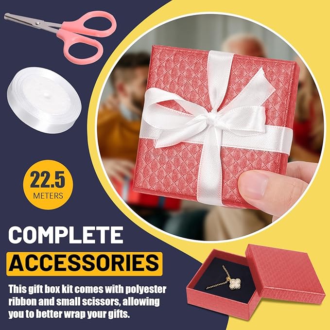 Glarks 12pcs Red 9 x 9 x 3CM Jewelry Gift Boxes with Pink Scissors and 1.5 x 225CM White Polyester Ribbon Set, Diamond Pattern Necklace Earring Bracelet Boxes Gift Case Ideal