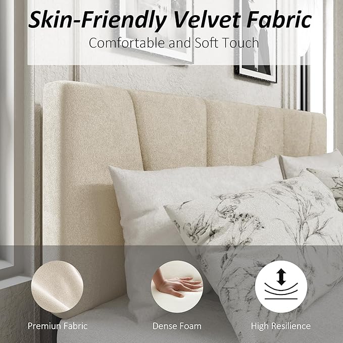 Queen Size Platform Bed Frame with Upholstered Headboard, Wooden Slats Support, Noise Free, No Box Spring Needed, Easy Assembly, Beige, Velvet