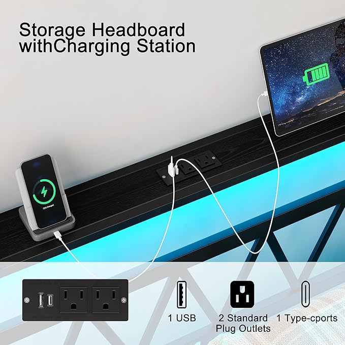 Full Bed Frame with Smart LED Lights, Storage Headboard and USB Charging Station,Heavy Duty Wooden Slats, No Box Spring Needed, Noise Free, Easy Assembly (Classic Black, Full)