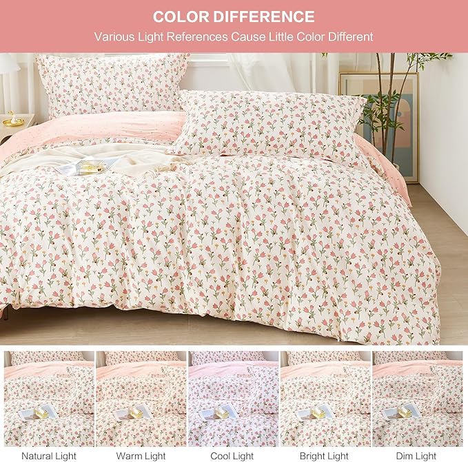 SAPHREAS Pink Bellflower Duvet Cover Set Full Size 3pcs Garden Style Blossom Floral Bedding Comforter Cover Set 100% Cotton 1 Duvet Cover 90"x80" 2 Pillow Shams, Comforter Not Included