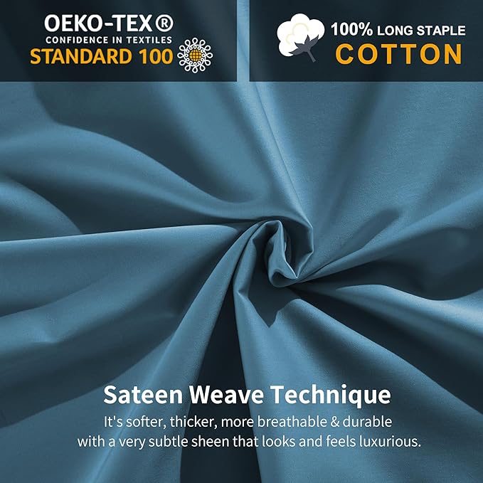 MILDLY 100% Long-Staple Cotton Duvet Cover Set Queen Size Teal Blue Comforter Cover Sets Ultra Soft Bedding Set 3 PCS with Zipper Closure & Corner Tie (No Comforter)