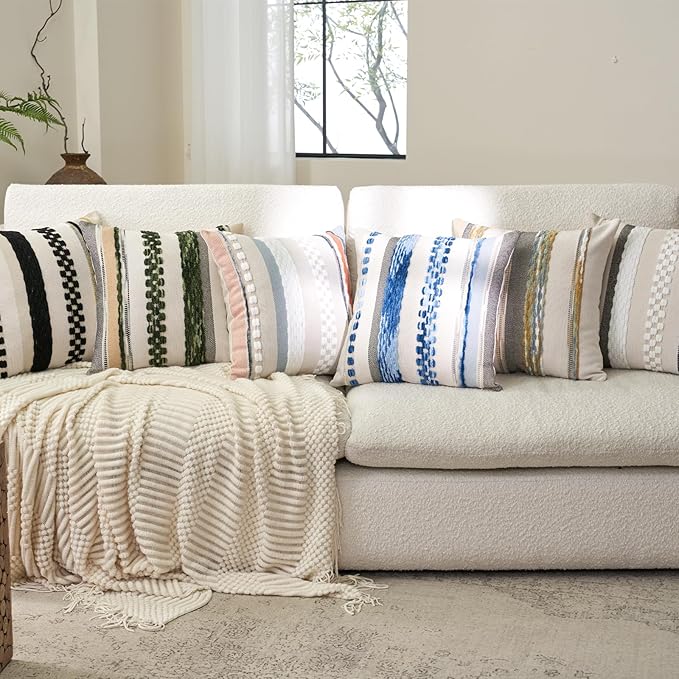 Aeckself Boho Throw Pillow Covers 18x18 Inch Set of 2, Farmhouse Decorative Striped Square Pillow Covers Chenille Tufted Pillow Cases Accent Neutral Pillowcase for Living Room Couch Bed, Gray