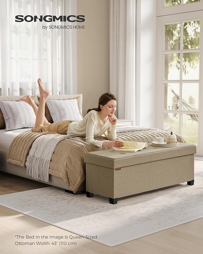 SONGMICS Storage Ottoman Bench, Foldable Foot Rest with Legs, 15 x 43 x 15.7 Inches, End of Bed Bench, Storage Chest, Load up to 660 lb, for Living Room, Bedroom, Entryway, Camel Brown ULSF018K01