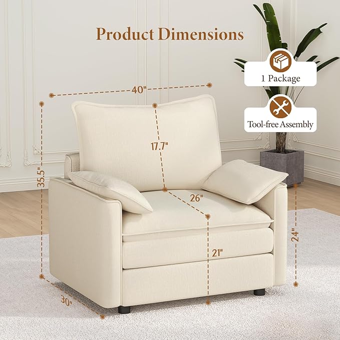 Vesgantti 40" Single Seat Sofa, Comfy Cloud Couch Deep Seat Upholstered Couch Chenille Modern Sofa with Armrest Pillow, Easy Assembly for Living Room, Bedroom and Apartment, Beige