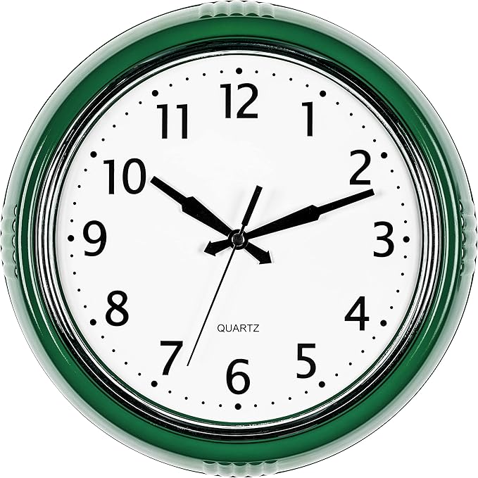 Bernhard Products Retro Wall Clock 12 Inch Hunter Green Kitchen 50's Vintage Design Round Silent Non-Ticking Quartz Battery Operated Clocks for Home Office School Classroom Kids Bedroom Living Room