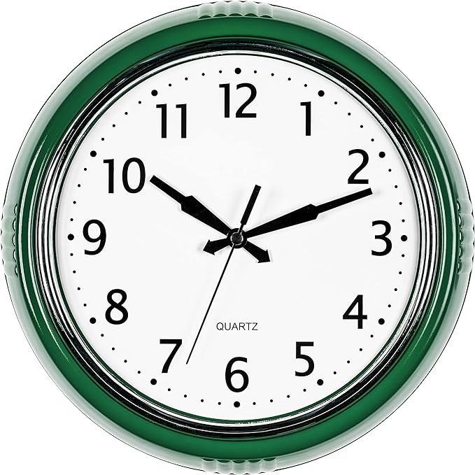 Bernhard Products Retro Wall Clock 9.5 Inch Hunter Green Kitchen 50's Vintage Design Round Silent Non-Ticking Quartz Battery Operated Clocks for Home Office School Classroom Kids Bedroom Living Room