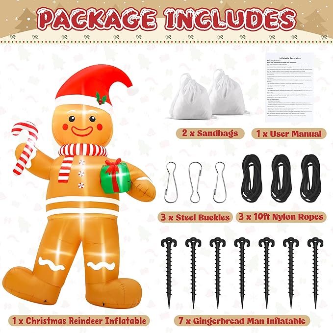12FT Christmas Inflatables, Giant Blow Up Christmas Gingerbread Man Decorations, Lighted Up Xmas Gingerbread with Red Hat and Candy Cane, Pre-lit Christmas Archway Inflatable Decor for Yard Lawn