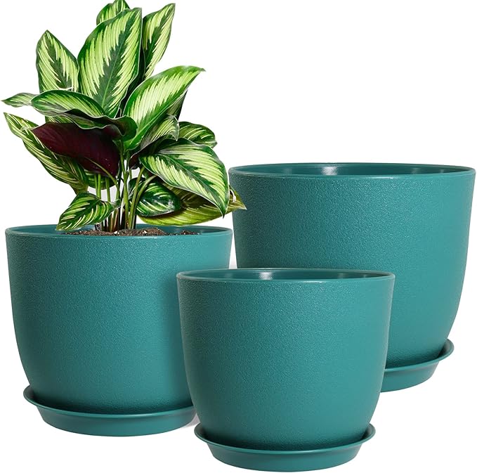 WOUSIWER Plant Pots 10/9/8 inch, Set of 3 Modern Decorative Plastic Planters with Drainage Holes and Saucers for House Plants Indoor Flowers Plants, Blue