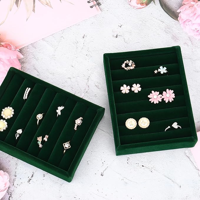 DesignSter Small Jewelry Tray-Ring Organizer 2PCS Premium Velvet Rings Earrings Display Tray Storage Insert Holder for Jewelry Box, Drawer, Dresser (8 Slots, Green)