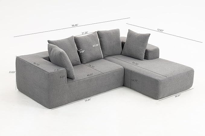 KEIKI L-Shape Cloud Sectional Sofa, 96” Modern Modular Boneless Couch with Left Chaise Lounge, Upholstered Couches for Living Room Bedroom, Grey