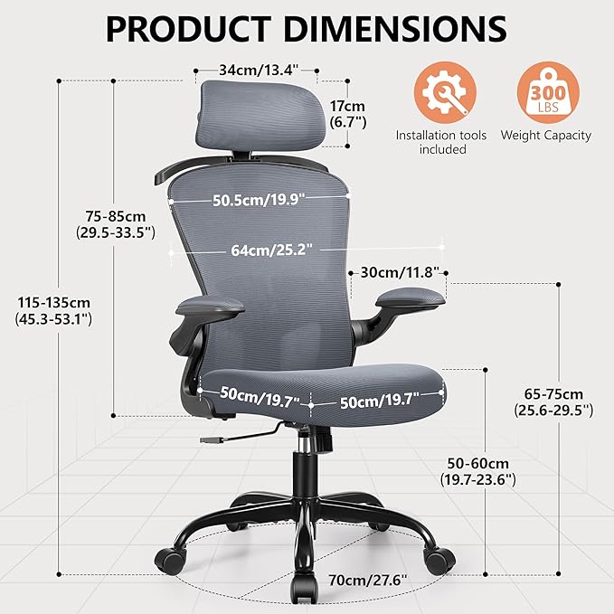FelixKing Ergonomic Office Desk Chair with Headrest, Adjustable Lumbar Support, Height and Swivel, Comfy Task Chair with Flip-up Armrests, Ergo Mesh Backrest for Working Dark Gray