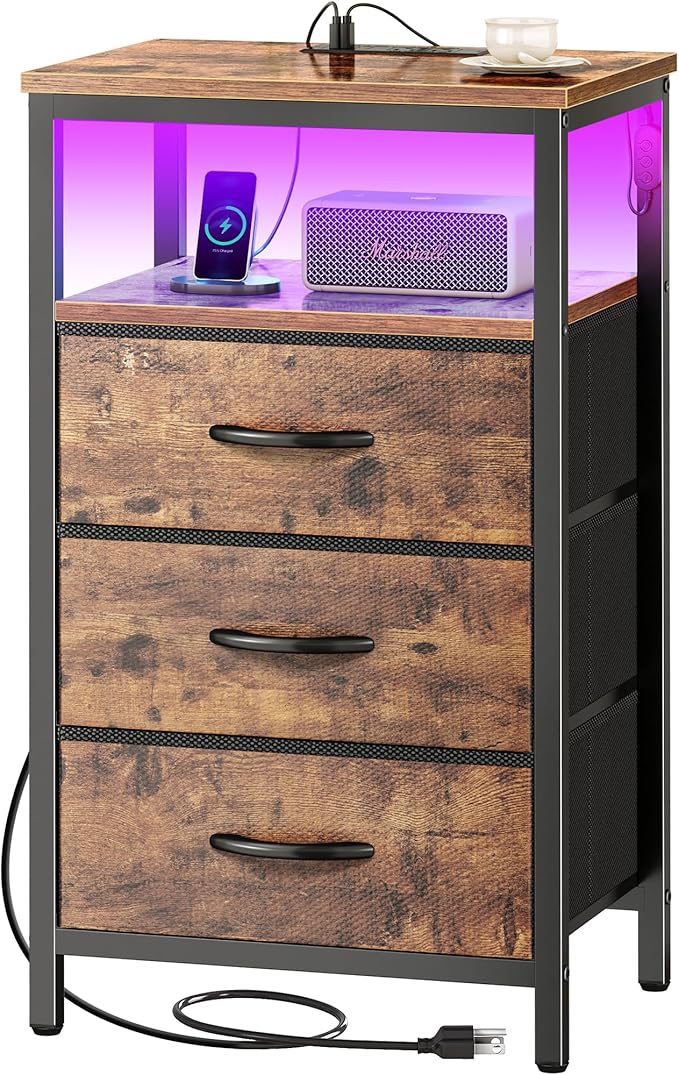 Huuger Night Stand with Charger Station and LED Lights, 3 Drawer Nightstand, Bed Side Table with Open Shelf, End Table, Tall Fabric Dresser for Bedroom, Rustic Brown