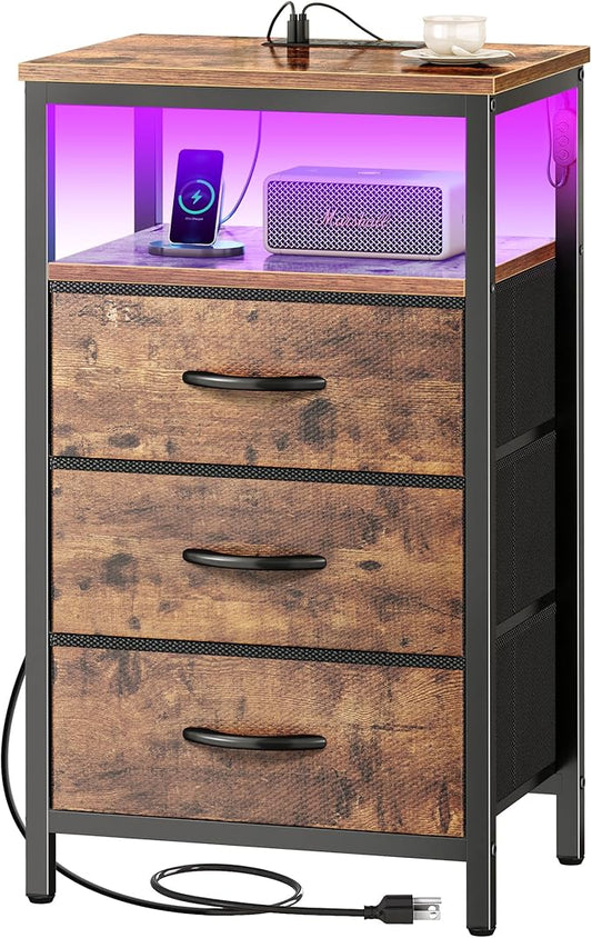 Huuger Night Stand with Charger Station and LED Lights, 3 Drawer Nightstand, Bed Side Table with Open Shelf, End Table, Tall Fabric Dresser for Bedroom, Rustic Brown