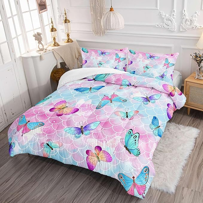 Kids Comforter Set Mermaid Scale Butterfly Printed Pattern Bedding Set with 1 Comforter and 2 Pillowcases for Girls Boys Bedroom All Season(Mermaid Queen)