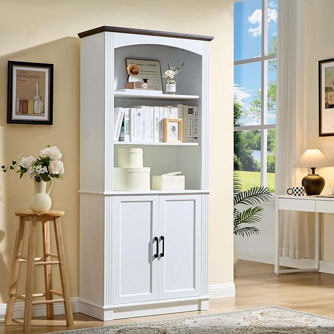 White 5 Tier Book Shelf and Bookshelf with Storage Cabinet Doors, 72 Inch Tall Bookcase, Wooden Cube Storage Organizer, Kids Bookshelf, Display Cabinet for Bedroom Furniture, Living Room, Pantry