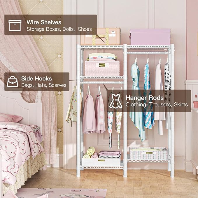 Ulif F1 Garment Rack for Kids, Baby, Students, and Children's Room, 4 Tiers Freestanding and Portable Heavy Duty Closets, Small Metal Clothes Rack with 2 Hanging Rod, 31.2" W x 11.8" D x 48" H, White