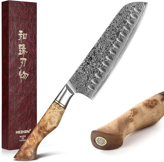 HEZHEN 7” Santoku knife, Damascus Steel Chef Knife, Asian Kitchen Knife Japanese Style, Figured Sycamore Wood Handle