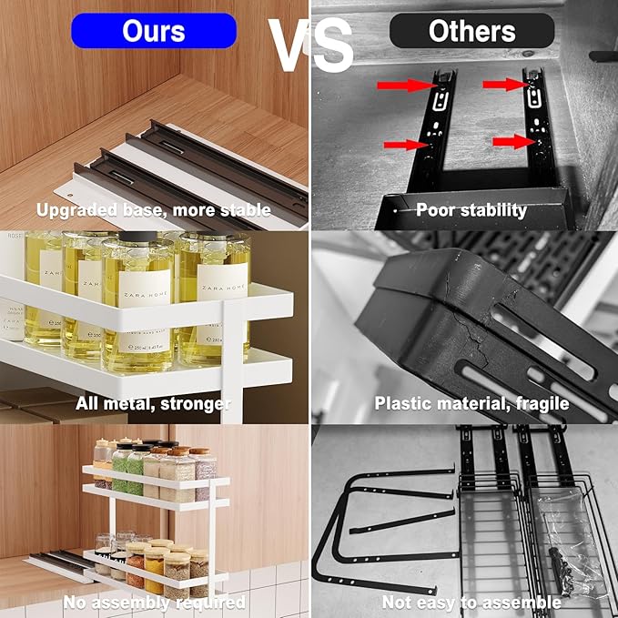 Pull Out Spice Rack Organizer for Cabinet, 2 Tier Metal Slide Out Seasoning Organizer and Storage Heavy Duty Vertical Spice Rack Shelf Pullout for Kitchen Cabinets No Drilling(1 Pack, White)