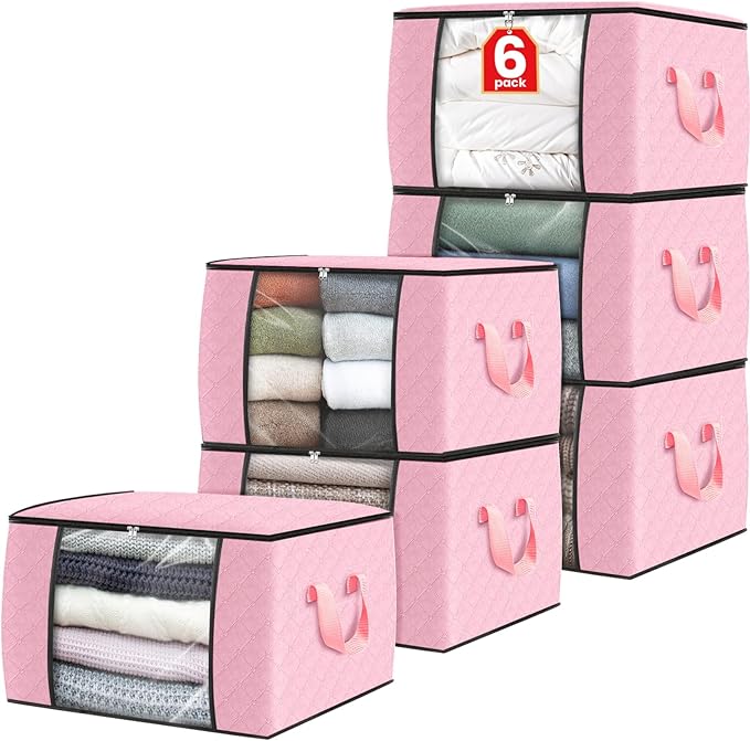 Fab totes 6 Pack Clothes Storage, Foldable Thick Fabric Blanket Storage Bags, Containers for Organizing Bedroom, Closet, Clothing, Comforter,Organization with Handle,Pink
