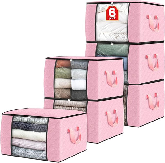 Fab totes 6 Pack Clothes Storage, Foldable Thick Fabric Blanket Storage Bags, Containers for Organizing Bedroom, Closet, Clothing, Comforter,Organization with Handle,Pink