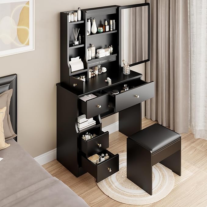 Small Makeup Vanity Desk with Storage Drawer, Compact Vanity Table Set with Mirror and Drawers, Solid Dressing Table Set with Chair, Compact Space Storage Shelves for Bedroom, Black