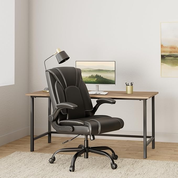 OUTFINE Flip-up Arms Office Chair 300lbs Executive Chair Swivel Office Chair with hydrolysis-Resistant Leather Spring Cushion Thick Padding and Ergonomic Design (Black, Flip Arm Medium)