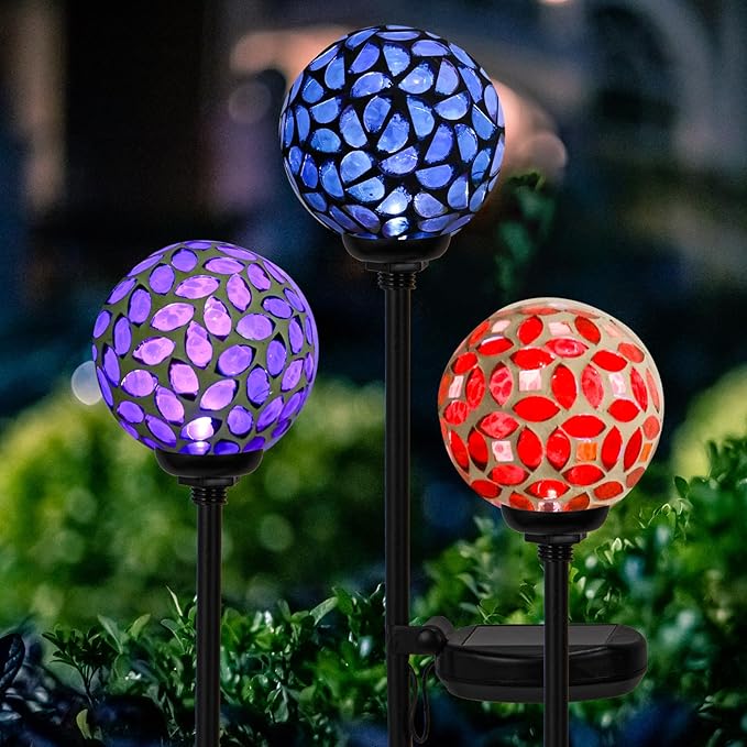 VCUTEKA Solar Garden Decorative Lights Outdoor, Mosaic Solar Light Waterproof LED Pathway Stake Light for Landscape Patio Yard Deck Walkway Decoration, 3 Pack （Blue&Purple&Red）
