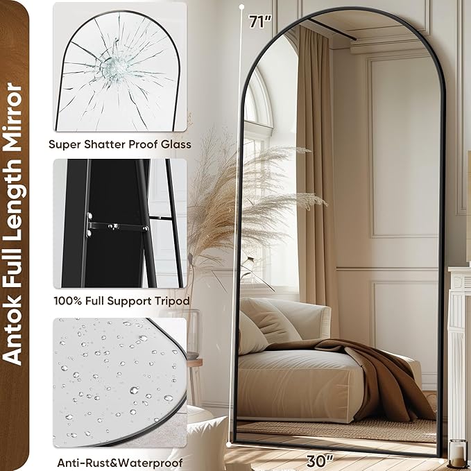 Antok Full Length Mirror, 71"x32" Floor Mirror with Stand, Hanging Mounted Mirrors for Bedroom, Living Room, Cloakroom, Dining Room, Black, Arched