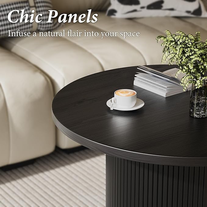 Black Round Coffee Table with Metal Frame, 35" Coffee Tables for Living Room, Circle Wood Accent Center Table for Apartment