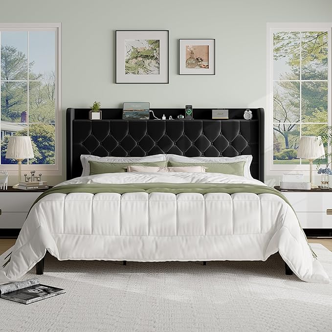 SHA CERLIN King Size Platform Bed Frame with Charging Station, Velvet Wingback Headboard with Storage Shelf, Wooden Slats Support, Ample Under-Bed Space, No Box Spring Needed, Easy Assembly, Black