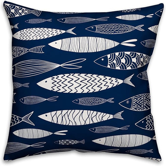 School of Fish Indoor/Outdoor Pillow | Decorative Pillows for Living Room Couch Bed Sofa Patio, Fluffy Soft Cushion | Water Resistant Blue, 18x18