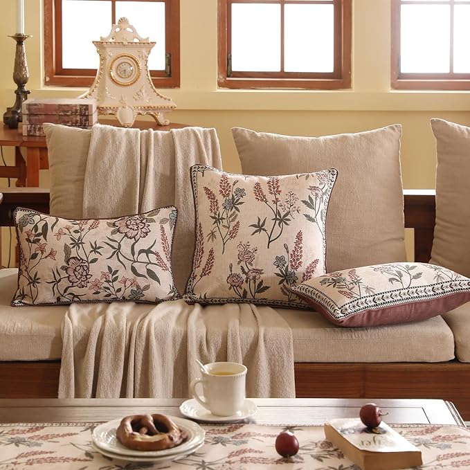 Design Linen Vintage Throw Pillow Covers 12"x20" Pack of 2, Rectangle Cushion Covers with Blue Pink Flowers Green Leaves Pattern Decoration Pillowcases for Bed,Living Room,Outdoor,Car