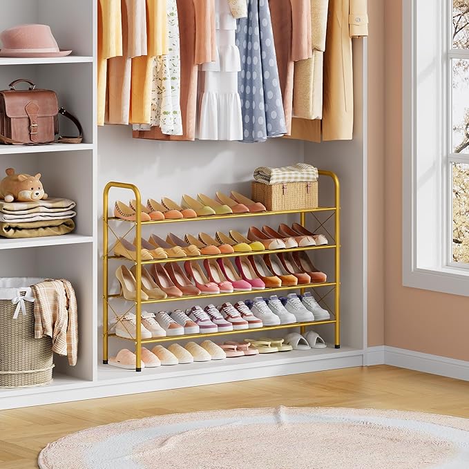 Hoctieon 4 Tier Mesh Style Shoe Rack, Entryway Shoe Shelf, Shoe Storage Organizer, Shoe Rack for Closet, Space Save for Bathroom, Garage, Hallway, Bedroom, Living Room, Gold