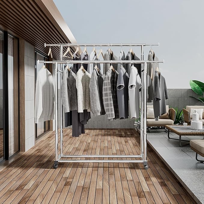 Clothes Rack for Hanging Clothes, Stainless Steels Coat Rack with Wheels, Clothing Rack, Garment Rack, Portable Closet, Portable Closet, Adjustable Length