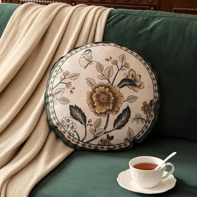 Design Linen Chinoiserie Round Throw Pillow Covers Diameter 16" Pack of 2, Farmhouse Cushion Covers with Yellow Floral Birds Pattern Decoration Pillowcases for Bed,Living Room,Outdoor,Car