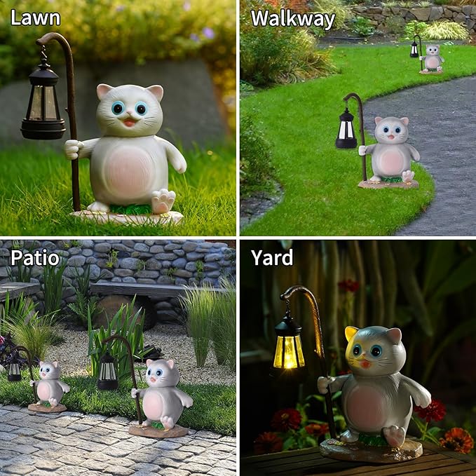 Solar Garden Outdoor Statues Cat with LED Solar Lantern Figurine for Lawn,Patio, Balcony, Yard Decor Unique Housewarming Gift, for Mom, Grandma,Father,Woman