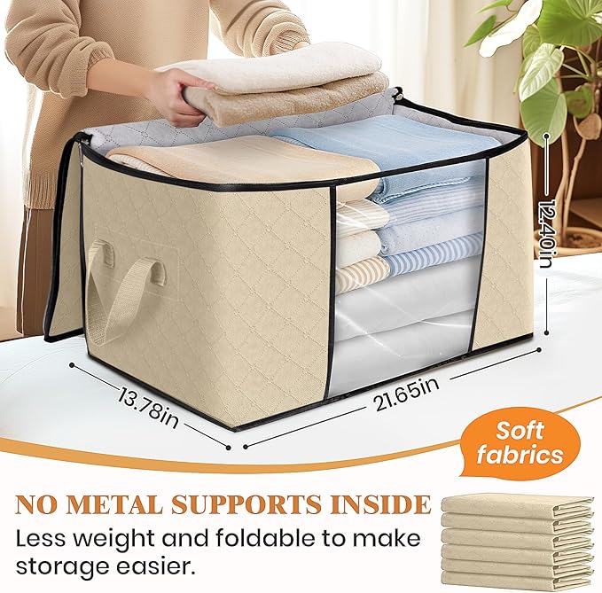 Fab totes 3 Pack Clothes Storage, Foldable Thick Fabric Blanket Storage Bags, Containers for Organizing Bedroom, Closet, Clothing, Comforter,Organization with Handle,Beige