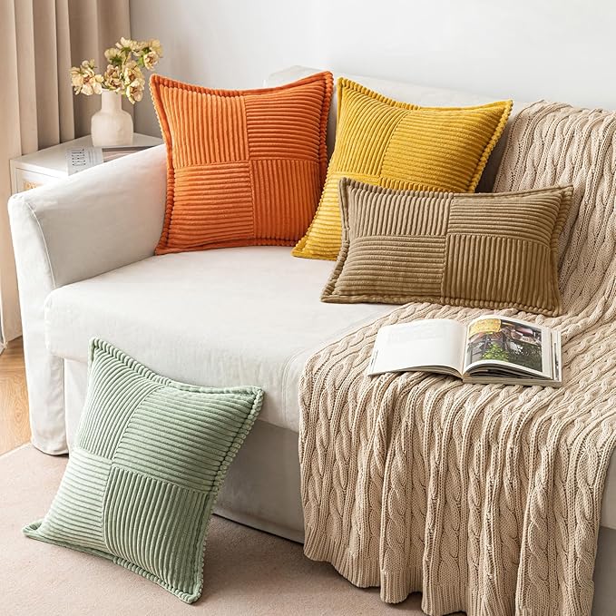 MIULEE Decorative Throw Pillow Covers for Couch Bed Livingroom 20x20 Inch Set of 2 Brown Boho Accent Throw Pllows Broadside Striped Patchwork Soft Corduroy Pillowcases