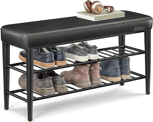 VASAGLE EKHO Collection - Shoe Rack Bench, Storage Bench for Entryway, Synthetic Leather with Stitching, Mid-Century Modern, Loads 300 lb, 11.8 x 39.4 x 19.7 Inches, Ink Black ULSB113B01