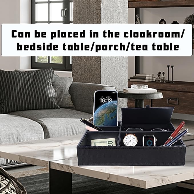 Zcaukya Men's Valet Tray, Jewelry Box Nightstand Organizer with 5 Compartments for Phone Keys Wallet Watch Glasses, Faux Leather Dresser Entryway Catchall Holder for Father's Day Gift (Black)
