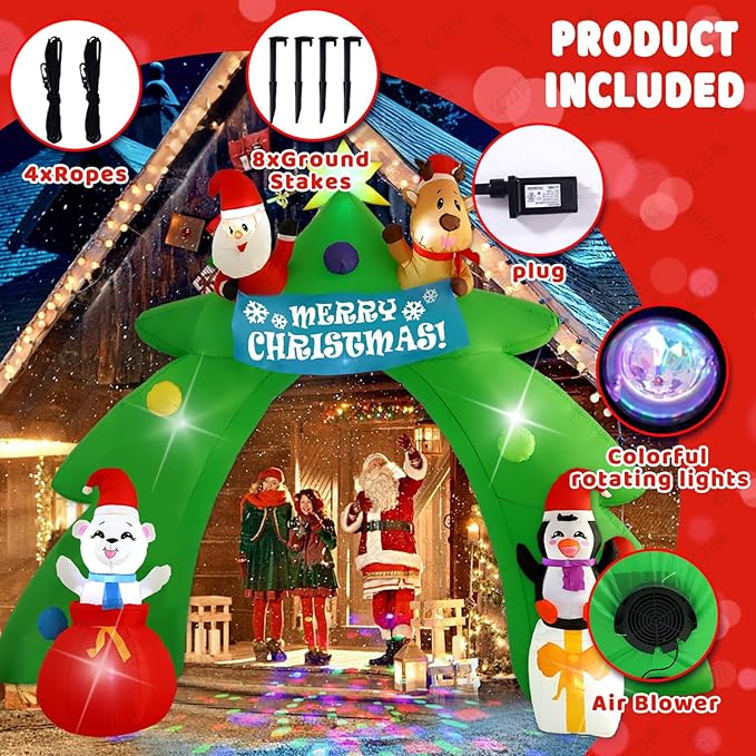 12FT Christmas Tree Arch Inflatable Decoration, Built-in LED Lights and Rotating Colored Lights, Suitable for Christmas Lawns, Gardens, Courtyards Outdoor Inflatable Decoration