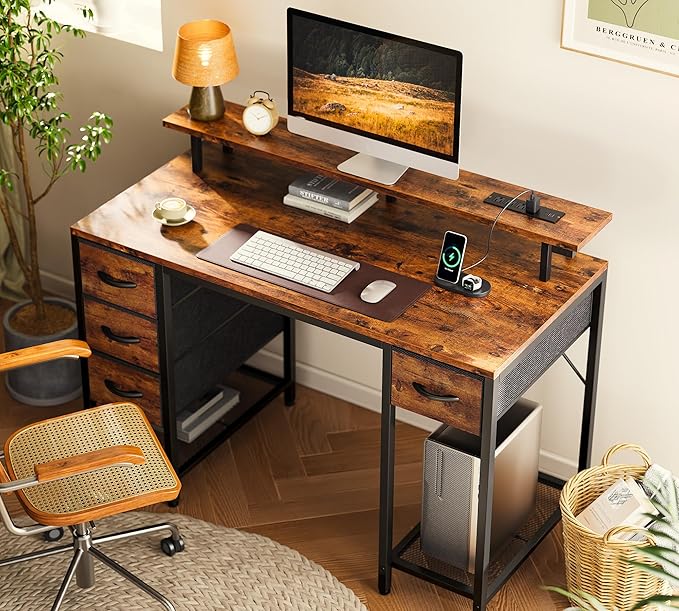 Huuger 47 inch Computer Desk with 4 Drawers, Gaming Desk with LED Lights & Power Outlets, Home Office Desk with Large Storage Space for Bedroom, Work from Home, Rustic Brown