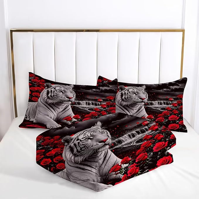 Kids Tiger Comforter Set Queen Size, White Tiger Wild Animal 3 Pcs Bedding for Kids and Adults Beautiful 3D Red Rose Flower and Tiger Print Soft Comforter Set for Bedroom Bed Decor